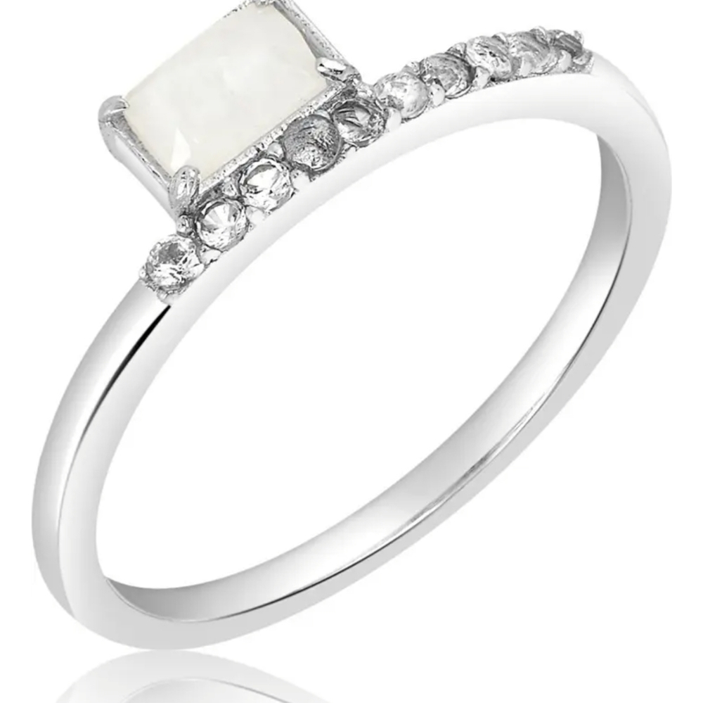 White Rhodium Plated Sterling Silver Prong Set Moonstone & Pave White Topaz Ring